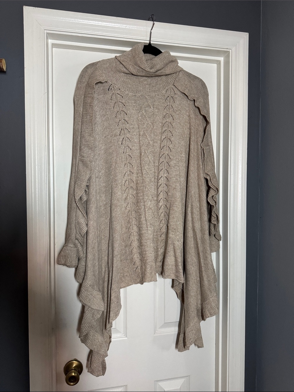Cozy Taupe Cable-Knit Poncho sweater with Ruffle Detail NWT